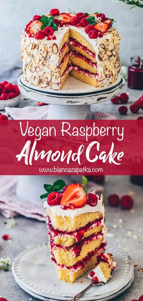 Almond Layer Cake, Raspberry Almond Cake, Raspberry And Almond Cake, Dairy Free Cake Recipe, Vegan Gluten Free Cake, Retro Desserts, Vegan Birthday Cake, Gluten Free Cake Recipe, Vegan Gluten Free Desserts