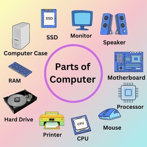 Basic Computer Learning, Basic Knowledge About Computer, Learning Computer Basics, Computer Knowledge Technology, Computer Education Teaching, Computer Skills Basic, Computer Parts For Kids, Computer Parts Images, Parts Of Computer Drawing