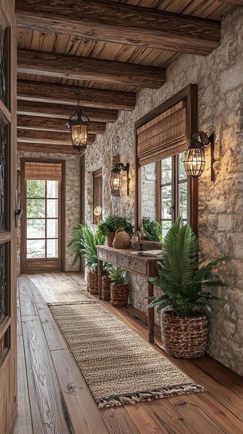 Rustic Hallway Design Ideas: Stunning Inspirations to Transform Your Space - Remodr Brick Hallway Floor, Hallways Ideas, Hallway Design Ideas, Rustic Entryway Table, Home Sanctuary, Brick Archway, Rustic Hallway, Stone Archway, Rustic Wooden Bench