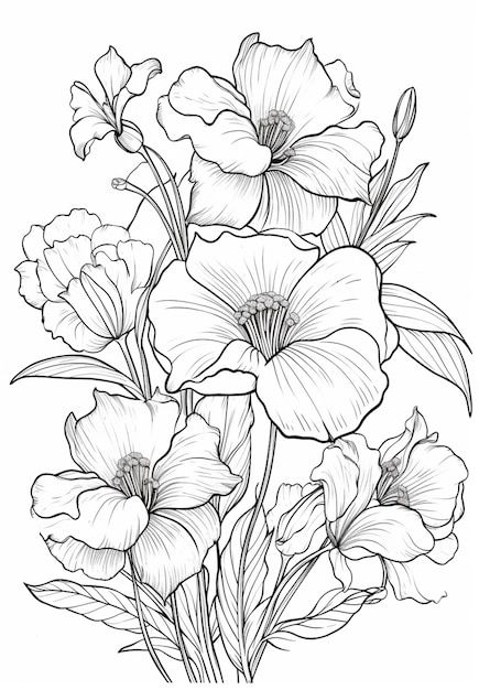 A drawing of a bunch of flowers with lea... | Premium Photo #Freepik #photo #leaf-drawing #drawing #bunch-flowers #flower-leaves Flowers Bunch Drawing, Flower Line Drawing Pattern, Flower Bunches, Big Flower Drawing, Flowers Line Art, Flower Bunch, Bunch Of Flowers Drawing, Barn Drawing, Poppy Flower Drawing