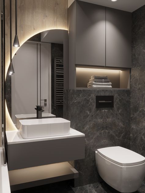 Small Grey Bathroom Ideas, Dark Grey Bathroom, Grey Toilet, Toilet And Bathroom Design, Home Interior Design Ideas, Modern Small Bathrooms, Luxury Master Bathrooms, Bathroom Accent Wall, Washroom Design