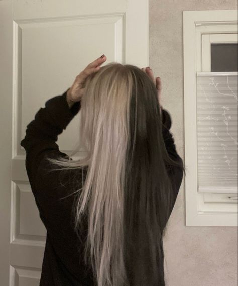 split dye hair black and white Split Dye Hair Ideas Brown, Blond And Brown Split Hair, Split Hair Underneath, Long Hair Split Dye, Hairstyles For Split Dyed Hair, Spilt Dye Hair Ideas Blonde, Split Hair Aesthetic, Blonde And Brunette Split Dye, Black And Blonde Hair Split