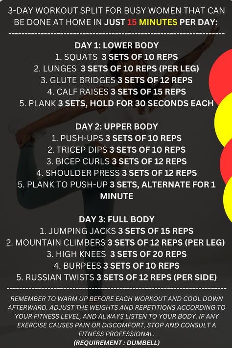 : Get in shape and burn fat with this quick and easy workout that you can do at home with just a pair of dumbbells. #dumbbell #homeworkout #womensworkout #fitness Upper Lower Full Body Split, Busy Workout Schedule, Dumbbell Workout Split Women, Progressive Workout Plan Dumbbells, 3 Day Split Workout Women At Home, Upper Lower Full Body Split 3 Day, Workout Split 5 Day Women Dumbbell, Workout Split 5 Day Women At Home, 3 Day Workout Split For Women