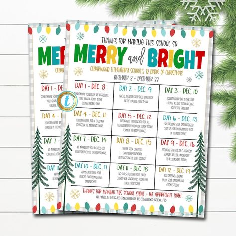 Printable Editable Holiday Teacher and Staff Appreciation Itinerary Christmas Merry and Bright Theme Winter Flyer Poster, Schedule of Events - Etsy Hospital Event Ideas, Winter Employee Appreciation, School Staff Holiday Activities, Winter Themed Teacher Appreciation, Office 12 Days Of Christmas Ideas, 12 Days Before Winter Break For Teachers, Holiday Teacher Appreciation Ideas, Staff Christmas Party Ideas Teachers, Winter Staff Appreciation Ideas