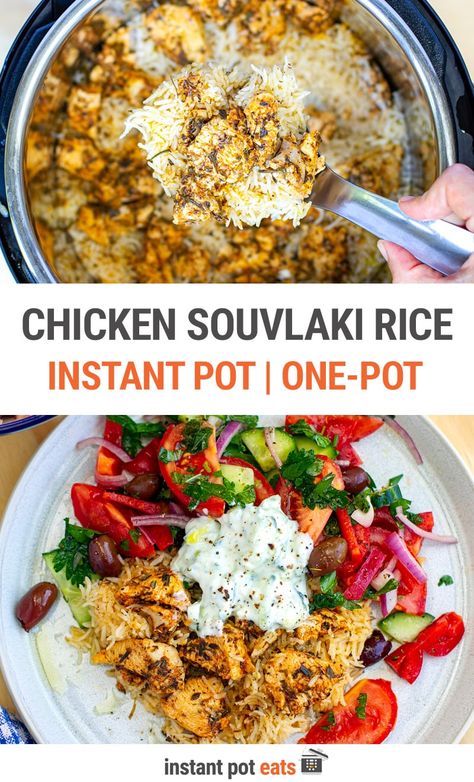 You and your family will fall in love with this recipe for Instant Pot chicken souvlaki rice served with Greek salad and yummy Tzatziki yogurt sauce. Marinated chicken and rice are cooked as a one-pot dish, freeing up your hands to make the salad and the sauce. This amazing Greek dish is full of flavor and color and is nutritious and gluten-free friendly. Make sure to save this to your must-try Instant Pot chicken recipes collection. #instantpot #chickenrecipes Chicken Souvlaki Rice, Souvlaki Chicken, Cucumber Sauce, Chicken Souvlaki, Pot Recipes Healthy, Dinner Meal, One Pot Dinner, One Pot Dishes, Greek Dishes