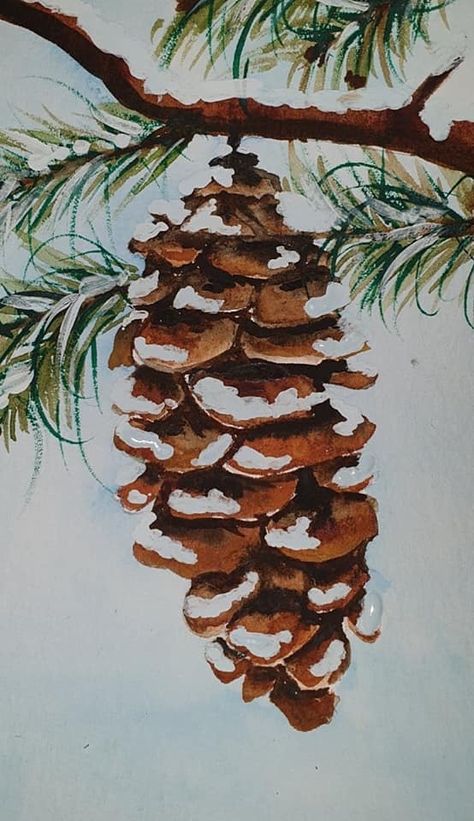 Pine Cone Painting Ideas, Watercolour Pinecone, Cristhmas Drawings, Acrylic Christmas Paintings, Pine Cone Painting, Watercolor Pinecone, Pinecone Painting, Pine Cone Drawing, Painted Christmas Cards