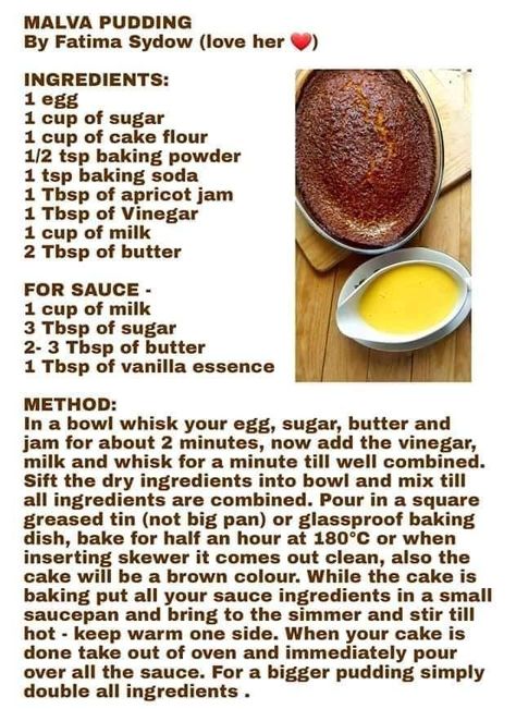 Malva Pudding South Africa Recipes, Easy Tart Recipes, Hot Puddings, Malva Pudding, Homemade Cookbook, Homemade Bread Recipes Easy, Cookie Recipes Homemade, Sweet Dishes Recipes, Sweet Recipes Desserts