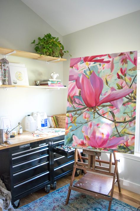 Oil Painting Storage, Painting Studio Ideas, Art Space In Bedroom, Home Painting Studio, Oil Painting Studio, Painting Atelier, Artist Studio Space, Art Studio Storage, Studio Painting