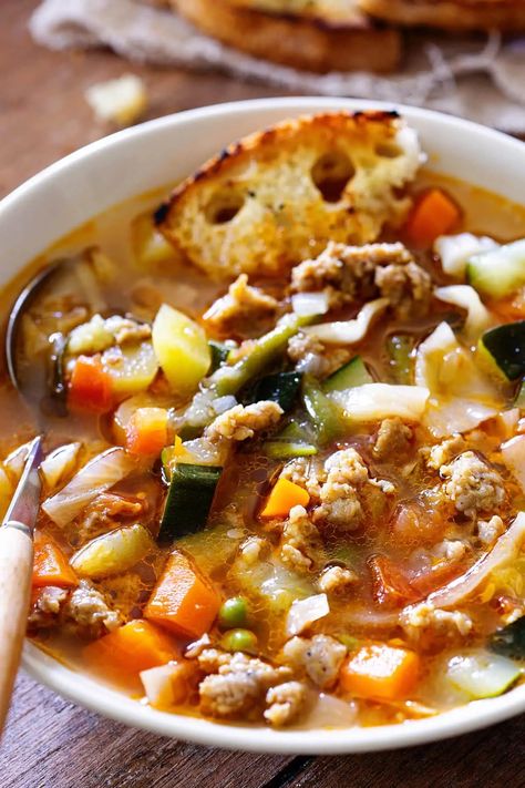 Minestrone Soup With Sausage Minestrone Soup With Sausage, Ground Italian Sausage Recipes, Baked Ziti With Sausage, Soup With Sausage, Ground Turkey Soup, Family Dinner Night, Menu Recipes, John Scott, Leftovers Soup