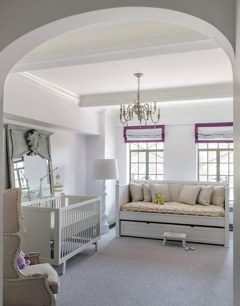 White Wood Nursery Daybed with Trundle - Transitional - Nursery Nursery Ideas With Day Bed, Nursery With Daybed, Nursery Daybed, Nursery Guest Room Combo, Transitional Nursery, Nursery Design Girl, Nursery Layout, Nursery Guest Room, Girl Nursery Bedding