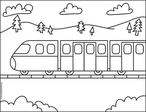 Train Line Drawing, How To Draw Train, Railway Station Drawing Sketch, Train Drawing Kids, Train Sketch Simple, How To Draw A Train, Drawing Of Train, Easy Train Drawing, Train Drawing Simple