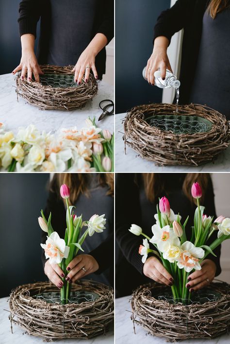 A Spring Nest Centerpiece for Mother's Day with tulips and daffodils DIY tutorial #diy #mothersday #centerpiece #flowers #florals #flowerarrangement Spring Flowers Decoration, Spring Flowers Centerpiece, Easter Flower Centerpieces, Spring Flower Centerpieces Diy, Spring Flower Decorations, Mother’s Day Floral Ideas, Easter Flower Bouquet, Easter Flower Arrangements Diy, Easter Bouquets Floral Arrangements