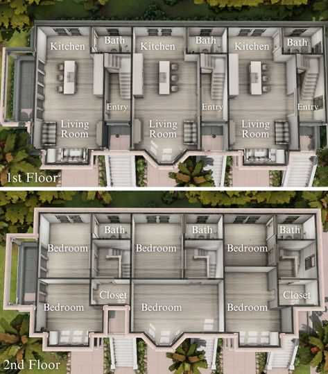 San Sequoia Townhouses | Patreon Cute Townhouse Bloxburg, Townhouse Layout Ideas, Stonestreet Apartments #3 Sims 4 Layout, Stonestreet Apartments #3 Layout, House Floor Plan Sims 4, Apartment Layouts For Bloxburg, Bloxburg 3 Floor House Layout, Sims Townhouse Floor Plans, Sims 4 Townhouse Layout