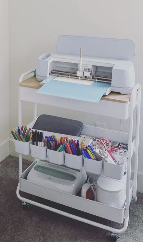 Small Space Cricut Set Up, How To Organize Crafts In A Small Space, Under Desk Craft Storage, Circuit Desk Set Up, Cricut Display Ideas, Silhouette Cameo Storage, Cricut Ikea Storage, Crafting Organization Small Space, Circut Work Station