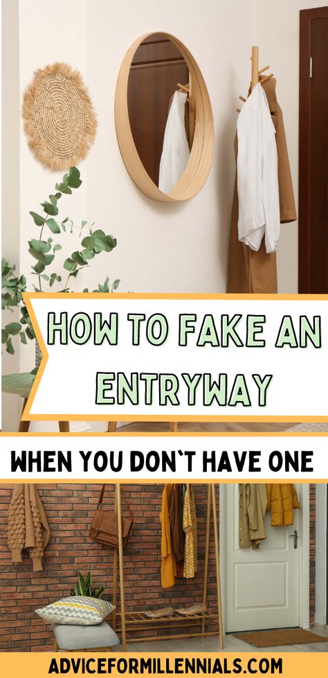 How to fake an entryway when you don't have one Entryway For Small Apartment, Condo Front Entry, Front Entrance Small Space, Small Space Behind Front Door, No Space Entryway, Simple Functional Entryway, Entryway When There Isnt One, Small Apartment Foyer Ideas, Entryway Mirror Ideas Small Spaces