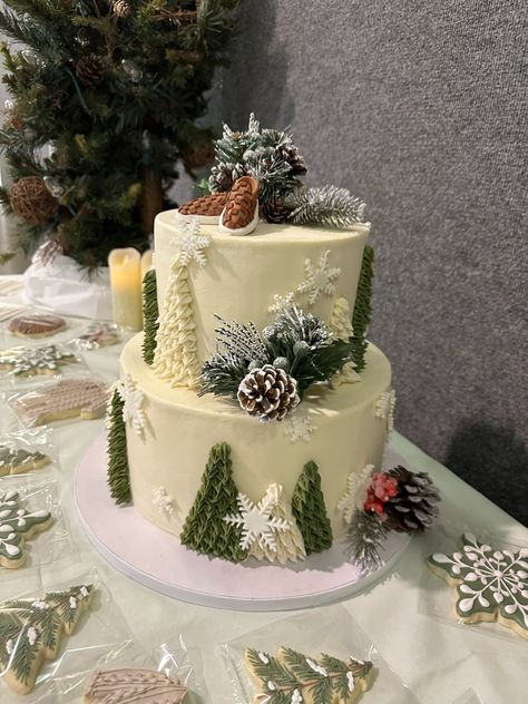 Winter two tier cake with evergreens, pine cones and snowflakes. Perfect for a baby its cold outside shower. Winter Woodland Cake, It’s Cold Outside Baby Shower Cake, Baby It’s Cold Outside Cake, Winter Forest Baby Shower Theme, Winter Baby Shower Cake, Forest Baby Shower Theme, Winter Wonderland Cake, Wonderland Cake, Forest Baby Showers