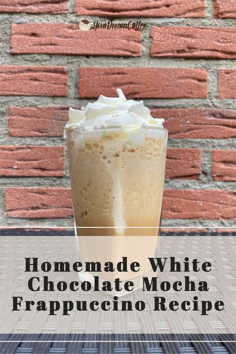 If you're looking for a delicious and refreshing coffee recipe, look no further than this white chocolate mocha Frappuccino. It's perfect for summer days or anytime you need an energizing pick-me-up. Coffee Recipes With White Chocolate Syrup, White Chocolate Mocha Starbucks Recipe Frappuccino, White Mocha Frappuccino Recipe, Starbucks White Chocolate Frappuccino, Easy Mocha Frappe Recipe, White Chocolate Frappuccino Recipe, White Mocha Frappe Starbucks, White Chocolate Mocha Frappuccino Recipe, White Chocolate Frappe Recipe