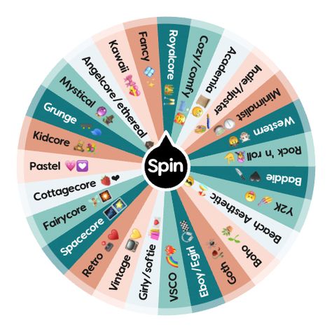 Styles  | Spin the Wheel - Random Picker Things For Ocs, Fun Aesthetic Things To Do, Aesthetic Challenge, Mystical Style, Embrace It, What Are All The Aesthetics, Wheels Aesthetic, Outfit Picker, Wheel Aesthetic