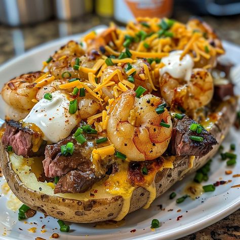 🥔 Steak & Shrimp Loaded Baked Potato: Hearty and luxurious, loaded with juicy steak and shrimp! #LoadedPotatoLuxury Steak & Shrimp Loaded Baked Potato Ingredients: Large potatoes (4) Steak, cubed (1 lb (450 g)) Shrimp, peeled (1/2 lb (225 g)) Butter (4 tbsp (60 g)) Sour cream (1/2 cup (120 ml)) Cheddar cheese, shredded (1 cup (100 g)) Chives, chopped (1/4 cup (25 g)) Instructions: Bake potatoes until tender. Sauté steak and shrimp. Split potatoes, fill with steak, shrimp, butter, sour cre... Steak Bite Baked Potatoes, Steak And Shrimp Stuffed Potatoes, Shrimp Alfredo Baked Potato, Steak And Shrimp Stuffed Bread, Chicken And Shrimp Baked Potato, Steak And Shrimp Loaded Baked Potato, Loaded Baked Potato With Shrimp, Shrimp And Potatoes Recipes, Seafood Baked Potato