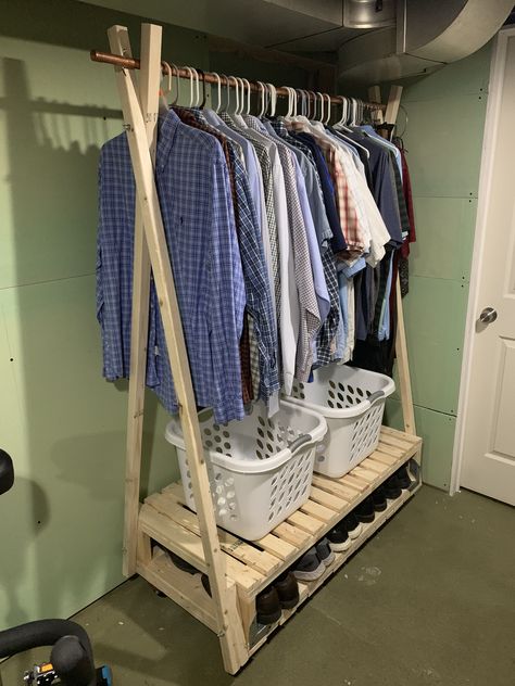 DIY project, custom made clothes rack Diy Shirt Display Rack, 2x4 Clothes Rack, Homemade Clothing Rack, How To Make A Clothes Rack, Diy Portable Clothes Rack, Diy Baby Clothes Rack, Open Clothes Rack, Diy Clothes Rack Wood, Clothing Rack Diy