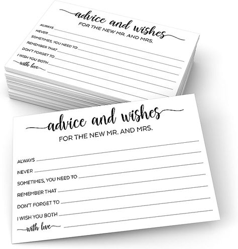 Amazon.com : 321Done Advice & Wishes for the Mr & Mrs, 4x6 White (50 Cards) Made in USA, Wedding Advice for Bride Groom Newlyweds Bridal Shower, Thick Luxury Cardstock with Simple Script Minimalist Design : Office Products Reception Entertainment, Wishes For The Bride, Wedding Advice Cards, Fun Bridal Shower Games, Advice For Bride, Luxury Card, Advice Cards, Guest Book Alternatives, Wedding Advice