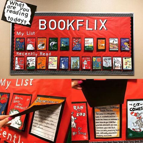 Reading Boards For Classroom, Book Report Bulletin Board, Book Review Bulletin Board Ideas, Books We Read Bulletin Board, Book Flix Bulletin Board, Reading Book Bulletin Board, Books Classroom Theme, Librarian Bulletin Boards, Instagram Bulletin Board Ideas