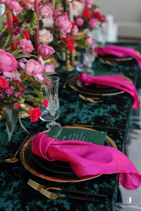 Fushia Centerpieces Ideas, Teal And Hot Pink Wedding, Emerald Green And Magenta Wedding, Hot Pink And Burgundy Wedding, Dark Green Orange Pink Wedding, Emerald And Pink Quinceanera Theme, Pink Green Black Gold Decor, Black Pink And Green Wedding, Fuschia And Emerald Wedding