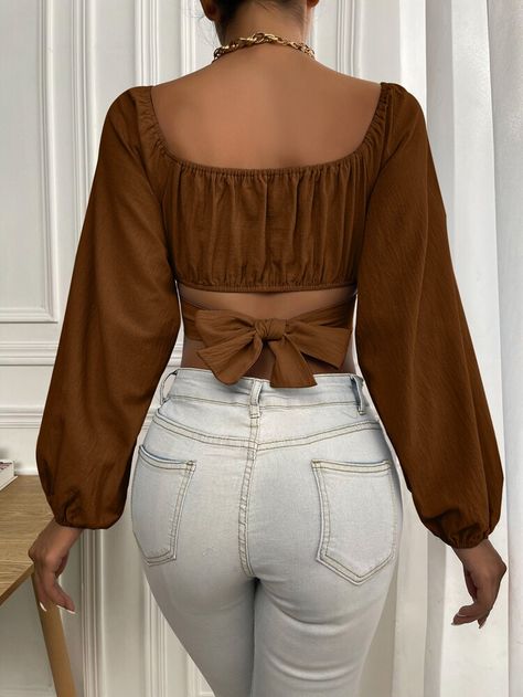 Ruched Knot Back Crop Blouse | SHEIN USA Tie Back Crop Top, Leather Blouse, Satin Crop Top, Trendy Tops For Women, Pleat Top, Crop Blouse, Sequin Top, Brown Fashion, Tiered Dress