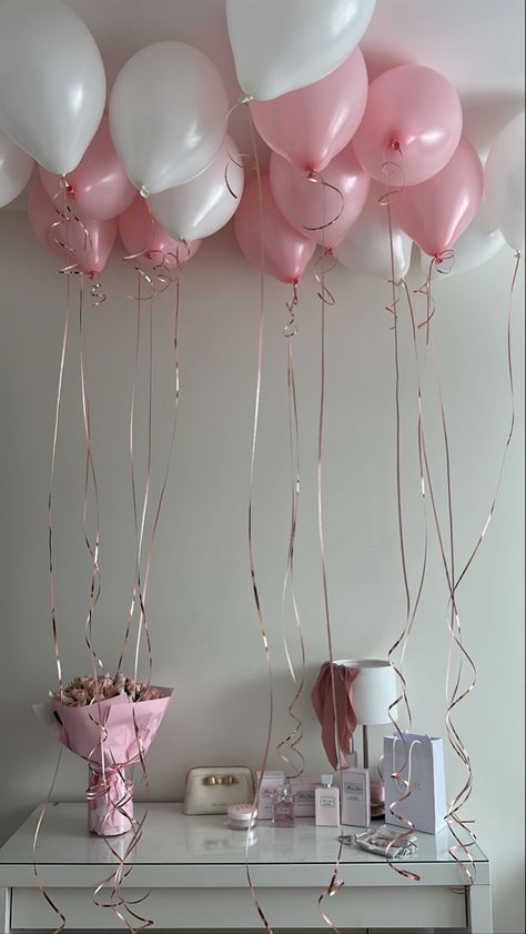 18th Birthday Party Ideas Pink And White, Light Pink Birthday Party Aesthetic, White And Pink Birthday Theme, Light Pink Balloons, Light Pink Birthday, Pink Bday, Birthday Morning Surprise, Simple Birthday Decorations, Birthday Goals