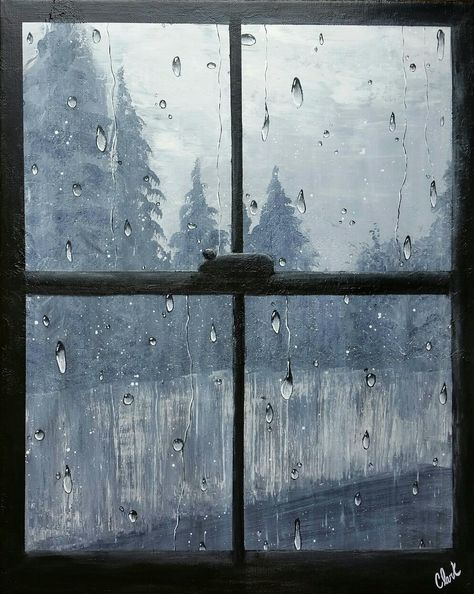 Painting That Looks Like A Window, Rain On Window Drawing, Rain Window Illustration, Foggy Window Painting, Window Painting Ideas On Canvas, Rain Window Painting, Window Reflection Drawing, Window Rain Painting, Rain On Window Painting