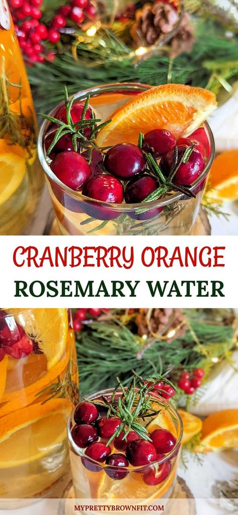 A beautiful way to serve water while keeping it light, refreshing, and festive! Cranberry, orange, and rosemary infused water is made with freshly sliced oranges, cranberries, and a few sprigs of rosemary to make this the perfect way to spruce up your water. Alcohol-free and a great beverage for holiday parties! Rosemary Infused Water, Sliced Oranges, Holiday Luncheon, Flavored Water Recipes, Rosemary Water, Orange Cocktails, Cranberry Cocktail, Orange Water, Infused Water Recipes