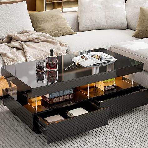 Led Lights For Living Room, Led Coffee Table, Lights For Living Room, Coffee Table Black, Coffee Table With Drawers, Hidden Compartments, Acrylic Design, Coffee Table Rectangle, Black Coffee Tables