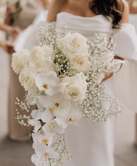 White Orchid And Rose Bouquet, Babys Breath Bouquet Bridesmaid, White Roses And Baby Breath Bouquet, Bride Bouquets White Elegant, Classy Wedding Bouquet, Babies Breath Bouquet, All White Bridal Bouquet, Romantic Wedding Bouquet, Baby's Breath Wedding Flowers