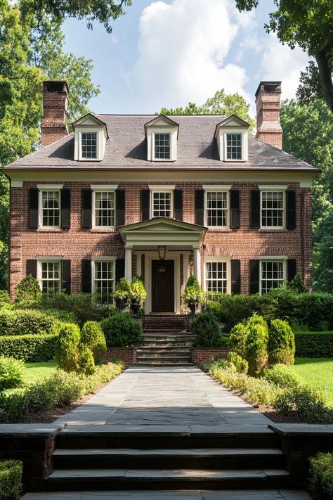 Georgian brick house two stories roof gambrels porch columns classic landscape. Check out all of these charming houses with brick exteriors–from classic to modern–that will make you feel at home. Exterior Home Makeover Colonial, Limewash Brick Exterior Colonial, Traditional Brick House Plans, Connecticut House Exterior, Federal Style Home Exterior, Sacked Brick Exterior, Classic Georgian Home Exterior, Old Money Brick House, Classic Brick House