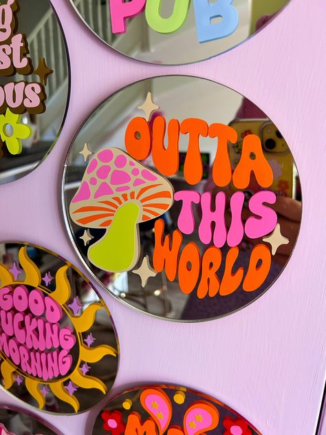 Outta This World Disc Mirror | 30cm

A unique and stylish mirror that will add a touch of cosmic wonder to your home. Perfect for adding a touch of personality to your bedroom, living room or hallway. #mirror #homedecor #space . #Customized_Mirror_Diy #Vinyl_On_Mirror_Ideas #Retro_Nail_Room #Cool_Mirror_Designs Customized Mirror Diy, Vinyl On Mirror Ideas, Cool Mirror Designs, Cricut Wall Decor Ideas, Painting Mirror Ideas, Small Mirror Painting, Cute Mirror Ideas, Mirror With Stickers, Mirror Sticker Wall Decor