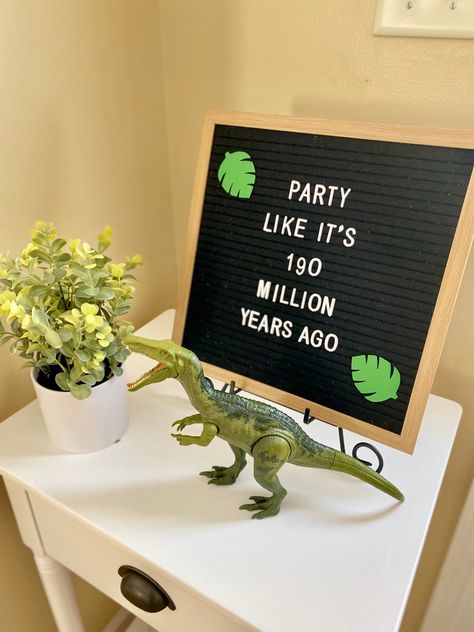 Dino Birthday Sign, Fifth Birthday Dinosaur, Six A Saurus, Dinosaur Fifth Birthday Party, Dinosaur Party Letter Board, Unique Dinosaur Party Ideas, Dino Adoption Party, Jurassic Themed Birthday Party, Sweet 16 Dinosaur Party