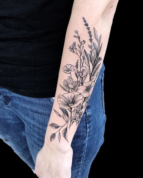 Flower Tattoo Sleeve Men, Herb Tattoo, Space Tattoo Sleeve, Unique Half Sleeve Tattoos, Bouquet Tattoo, Wildflower Tattoo, Beautiful Flower Tattoos, Flower Tattoo Sleeve, Botanical Tattoo