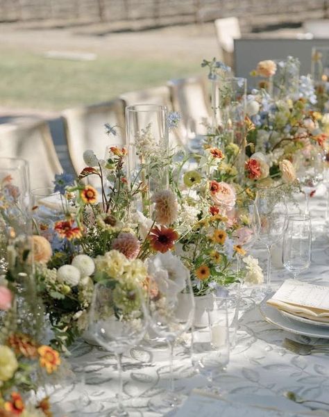 Midsummer Dream Wedding, Garden Wedding Dinner Table, Table Setting Long Table, Spring Garden Wedding Tablescape, Early May Wedding, Wedding Reception One Big Table, Wildflower Long Table Wedding, Flower Decorations Wedding Table, Floral Decor For Wedding