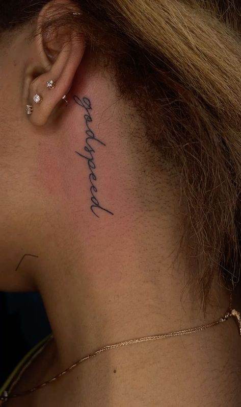 35 Unique Behind the Ear Tattoo Ideas to Inspire You Words On Side Of Neck Tattoo, Ear To Neck Tattoos Women, Behind Ear Vertical Tattoo, Small Tattoo Ideas Neck, 1999 Tattoo Behind Ear, Under Ear Neck Tattoo, Beside Ear Tattoo Women, Word Ear Tattoo, Back Of Ear Tattoos For Women Unique