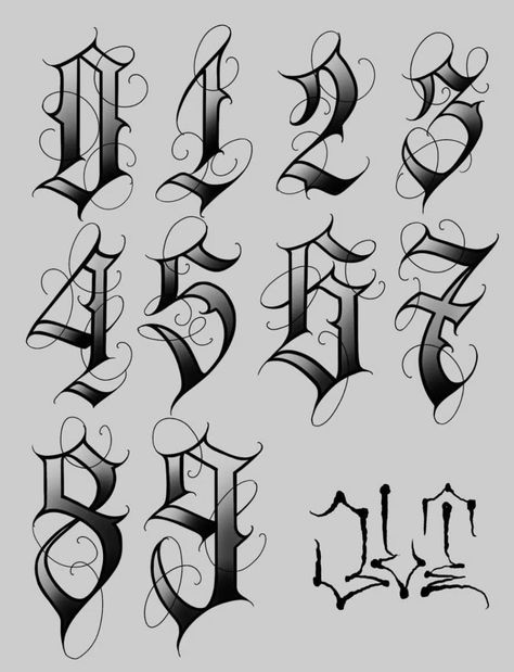 Tattoos Numbers Fonts, Calligraphy Numbers Tattoo, Lettering Styles Numbers, Number Tattoo Ideas Design, Tattoo Lettering Fonts Numbers, Graffiti Lettering Numbers, 2024 Number Design Fonts, 1994 Lettering Tattoo, Cholo Style Letters