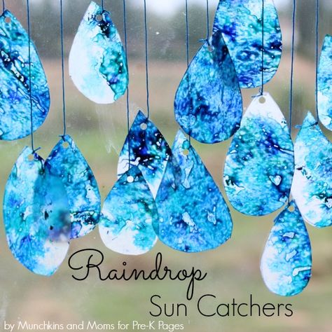 Preschool Winter Rain Fine Motor Art Activity Raindrop Crafts For Kids, Rain Drop Suncatcher, Raindrop Suncatchers, Weather Preschool, Motor Art, Weather Crafts, April Crafts, Weather Theme, Easter Preschool