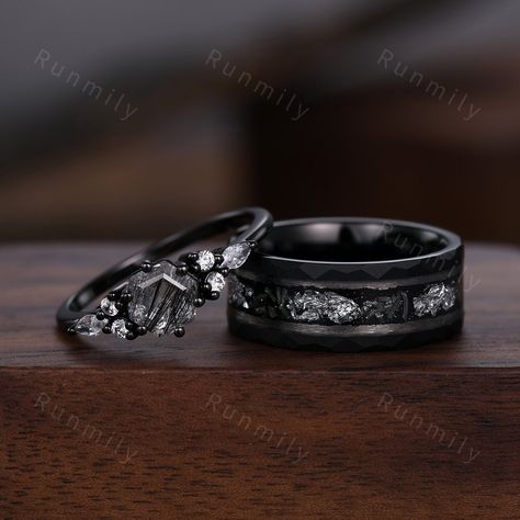 Here we have a Hexagon cut Black Rutilated Quartz Couples Ring Black Gold Matching Ring Set His and Hers Wedding Band Promise Ring For Men For Women ITEM DESCRIPTION ✦ Handmade, high-quality item! ✦ Material: Sterling Silver/Tungsten ►Sold as a two-piece set ►His ring is Black Gold Tungsten Carbide with meteorite and silver foil inlay. ►His band width: 8mm ►His tungsten ring will not turn green itself and will not cause your skin to turn green.  ✦ Durable - Incredibly Scratch-Resistant to always Black Promise Ring For Him, Witchy Wedding Rings Men, Gothic Wedding Ring Set, Matching Ring Sets For Couples, Black And White Wedding Rings, Wiccan Wedding Rings, Black Silver And Green Wedding, Wedding Rings Groom And Bride, Gothic Wedding Rings For Him