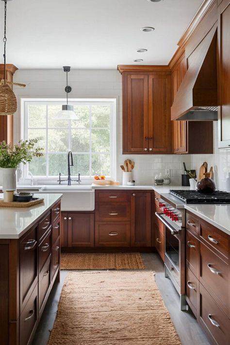 Uncover 20 Must-Try Kitchen Decor Ideas For Cherry Cabinets! Cherry Oak Cabinets Kitchen, Mid Century Traditional Kitchen, Red Wood Kitchen Cabinets, Kitchen Cherry Wood Cabinets, Cherry Oak Kitchen Cabinets, Cherry Cabinets With White Countertops, Cherry Wood Cabinets Kitchen, Cherry Cabinets Kitchen Wall Color, Kitchen With Cherry Wood Cabinets