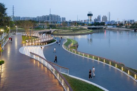 Lake Landscape Design, Retention Pond, Lakeside Park, Park River, Urban Landscape Design, Riverside Park, Urban Lighting, Park Landscape, Landscape Construction