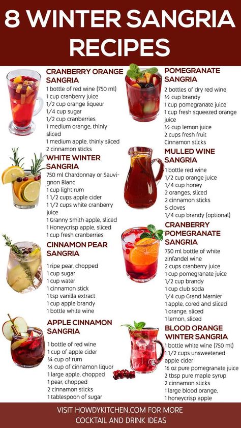 An infographic showcasing 8 Winter Sangria Recipes, including Cranberry Orange Sangria, White Winter Sangria, and Mulled Wine Sangria, perfect for festive gatherings during the cold months. Hot Winter Cocktails, Winter Sangria Recipes, Holiday Sangria Recipes, Christmas Sangria Recipes, Easy Sangria Recipes, Winter Sangria, Christmas Drinks Recipes, Winter Cocktail, Hot Cocktails