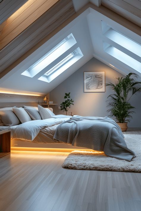 29 Attic Bedroom Ideas 22 High Ceiling Color Ideas, Modern Attic Living Room, Attics Turned Into Bedrooms, Roof Room Design, Slope Ceiling Bedroom, Attic Bedroom Designs Layout, Hi Tech Design, High Attic, Modern Attic Bedroom