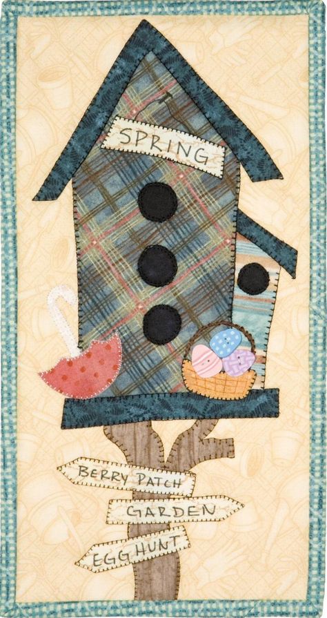 Original Design from Patch Abilities Inc. MM17 Spring Fling Birdhouse Applique Wall Hangings Ideas, Calendar Quilts, Bird Applique, Wool Applique Patterns, Spring Quilts, Fabric Postcards, Quilt Sewing Patterns, Bird Quilt, Miniature Quilts