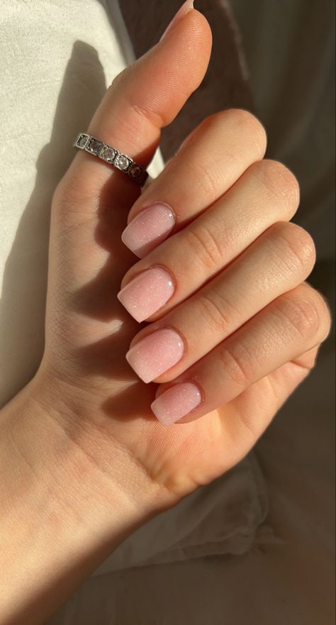 Sheer Pink Natural Nails, Short Square Natural Pink Nails, Sheer Pink Nails With Glitter, Short Pink Nails Square Glitter, Neutral Pink Sparkly Nails, Natural Nails Acrylic With Glitter, Simple Pink Design Nails, Pink Sparkle Acrylics, Natural Nails Acrylic Glitter