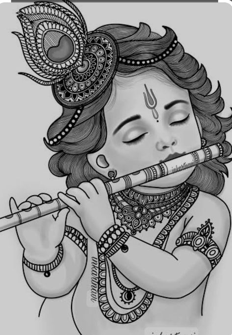 Shree Krishna Mandala Art, Bal Gopal Drawing, Bal Krishna Sketch, Krishna Cute Drawing, Lord Krishna Pencil Sketch, Krishna Drawing Mandala, God Art Drawing, Bal Krishna Drawing, Little Krishna Sketch