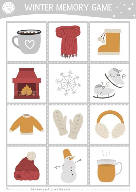 Winter memory game cards with cute season objects. Matching activity with snowman, mittens, cocoa, chimney. Remember and find correct picture card. Christmas printable worksheet for kids. Winter Matching Game Free Printable, Winter Memory Game Free Printable, Winter Memory Game, Mitten Matching Printable, Christmas Kids Worksheets, Winter Cards For Kids, Winter Pictures For Kids, Memory Games For Kids Printable, Winter Worksheets For Kids